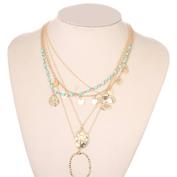 Lady Arya Bohemian Festival Aqua & Gold Floral Necklace Chain Layered Hammered - Picture 3 of 12